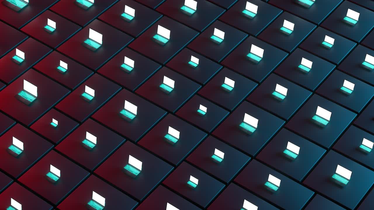 conjunto de muchas computadoras portátiles abiertas con pantallas brillantes y luz roja y azul. animación 4k, bucle infinito