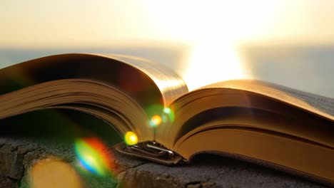 open book resting on a stone surface, sunlight shining and reflecting off the water in the background