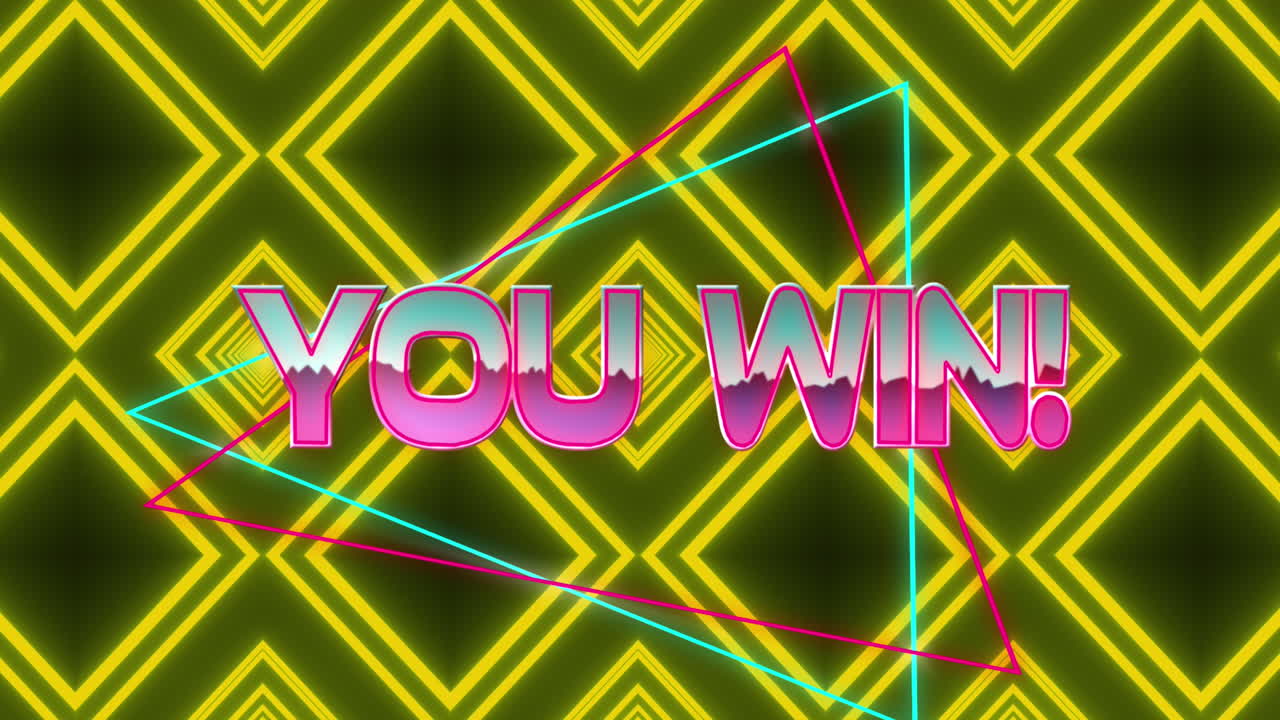 네온 삼각형과 노란 다이아몬드 위에 분홍색 금속 문자로 텍스트를 이기는 애니메이션