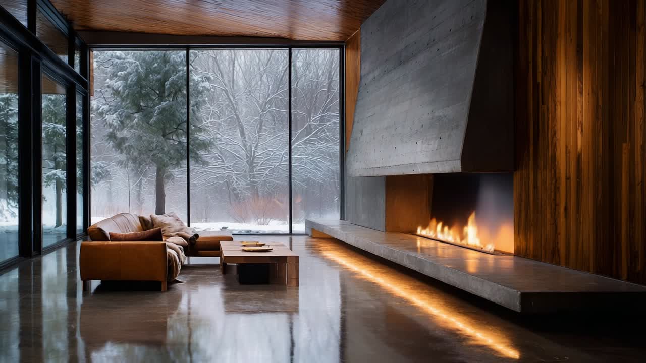 A Serene Winter Retreat Featuring a Modern Fireplace and Cozy Living Space, Perfect for Relaxation Amidst the Snowy Landscape Outside the Expansive Glass Windows