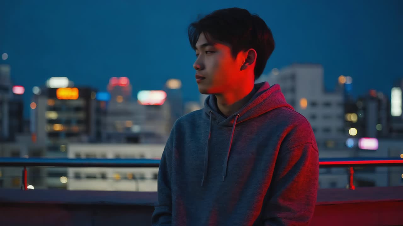 Young Man on Rooftop at Night