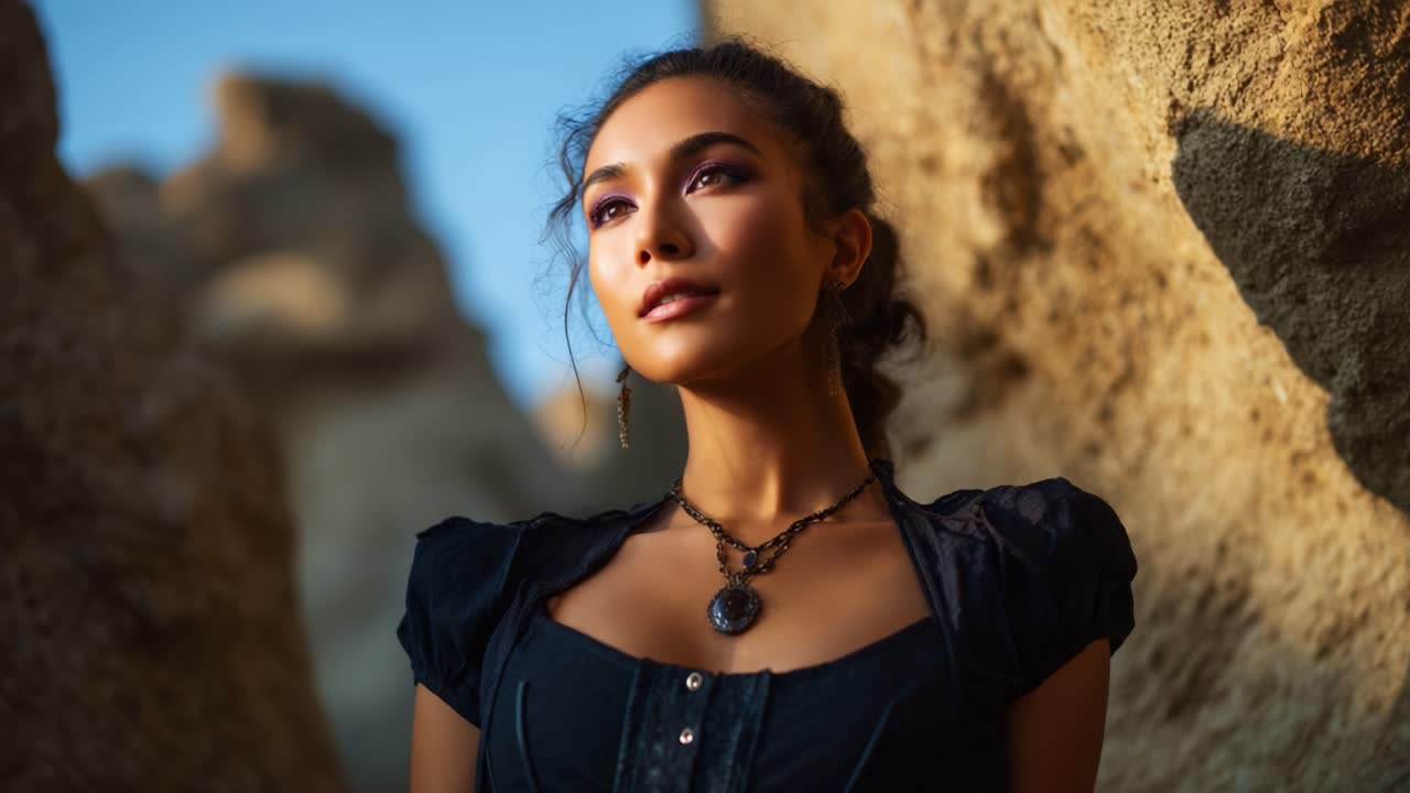 Splendido ritratto di una giovane donna in un ambiente naturale, che cattura eleganza e bellezza con una pelle luminosa e gioielli unici su uno sfondo roccioso