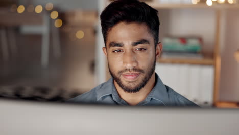 Man,-office-and-frustrated-by-computer-in-night