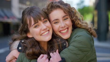 retrato de dos mujeres divertidas abrazándose