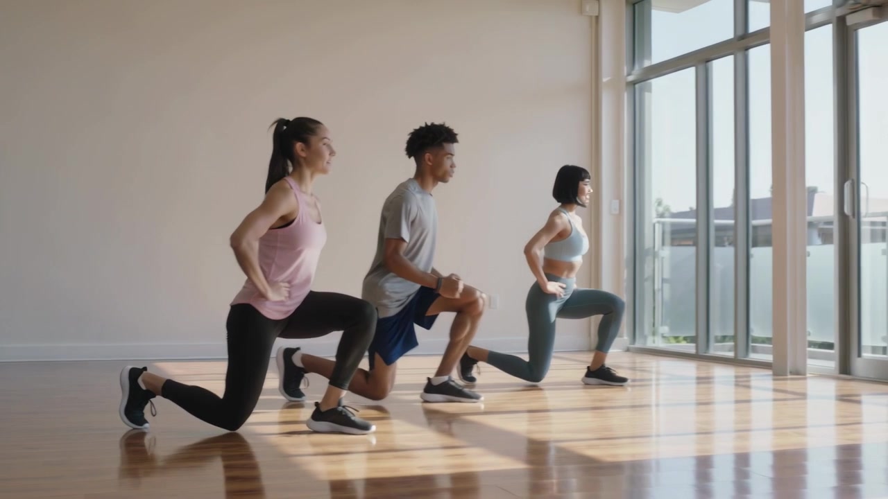 Stepping forward trio wearing sportswear doing in sync walking lunges in bright studio for workout