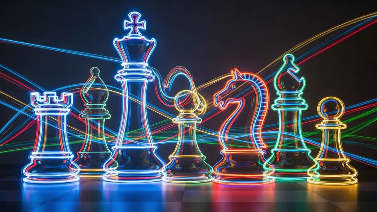 Illuminated Chess Pieces in Neon Colors: A Vibrant Display of Strategic Elegance Captured in Motion with Dynamic Light Trails Enhancing Their Majestic Forms