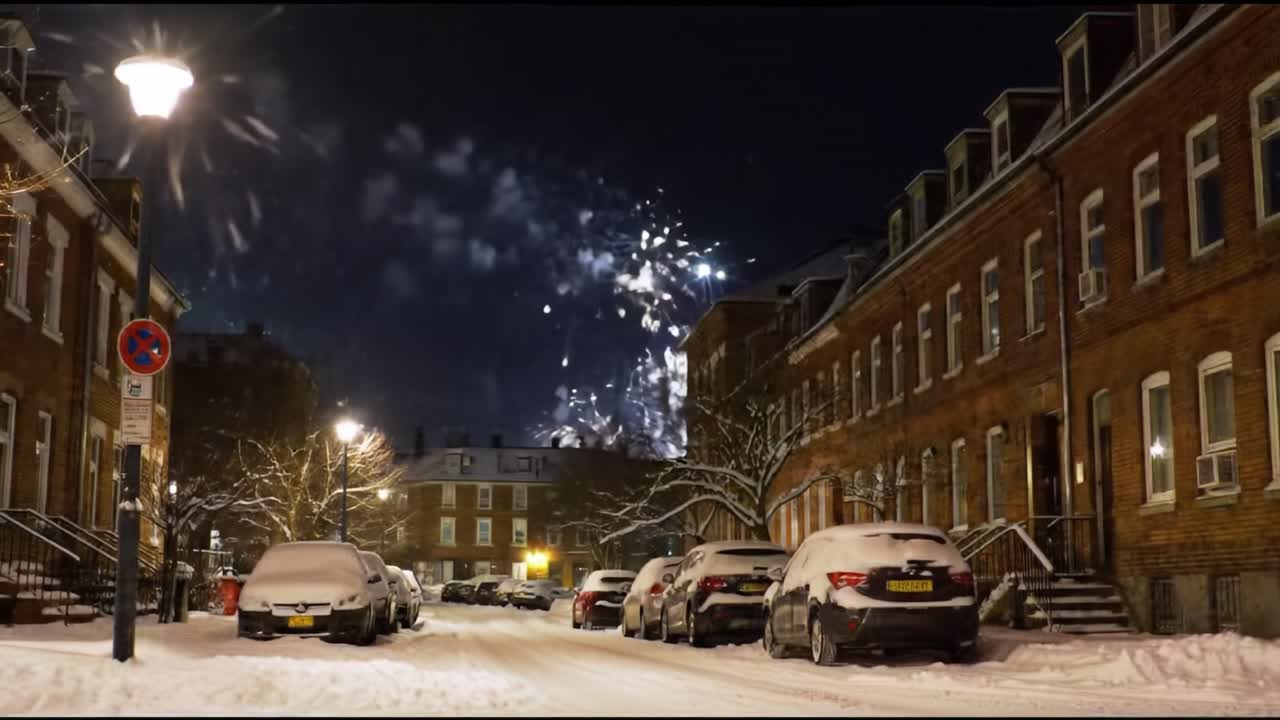 On a snowy night, a person gazes out from a warm window as colorful fireworks explode above nearby rooftops, celebrating the start of a new year.