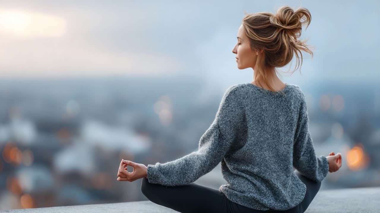 A Serene Moment of Meditation: Capturing the Essence of Mindfulness and Tranquility Against a Breathtaking Urban Skyline at Dusk