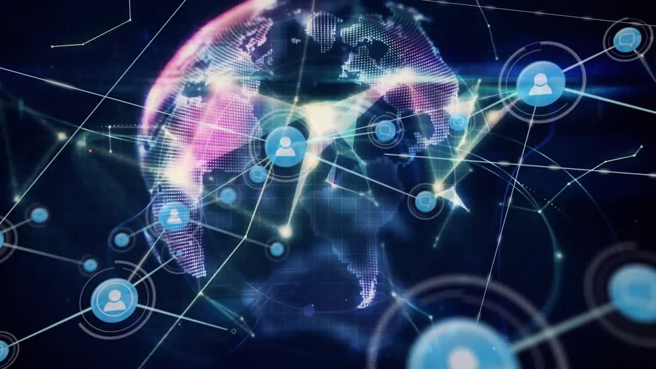 Animation of network of digital icons, spinning globe of plexus networks and blue light trails