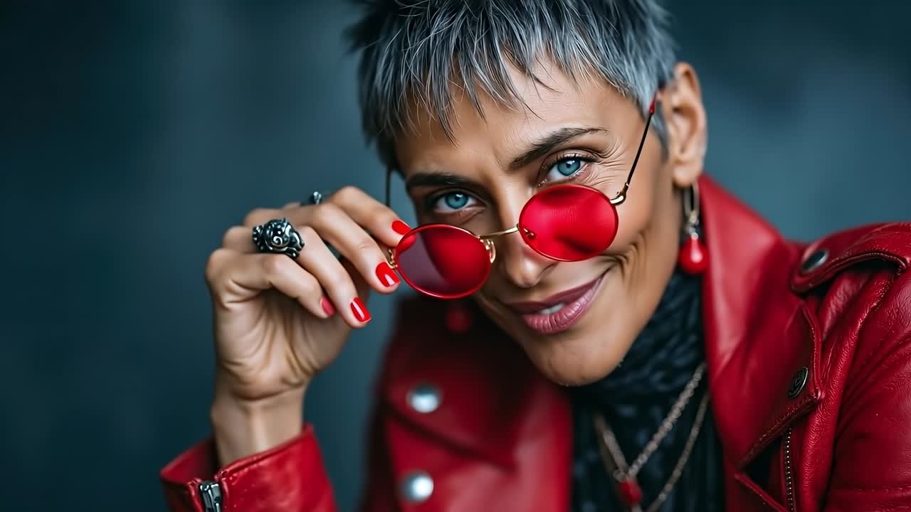 A woman in a red leather jacket holding a pair of red sunglasses
