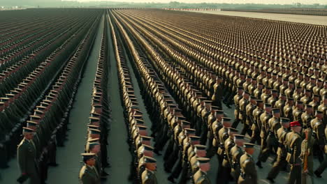 massive military parade with thousands of soldiers marching in formation