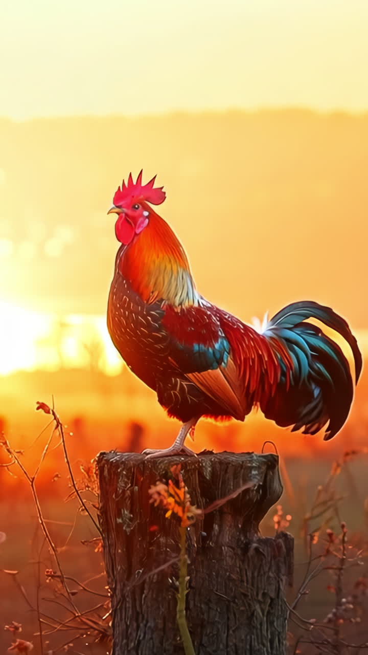 A rooster stands on a stump in a field at sunset. The rooster is red, black, and white
