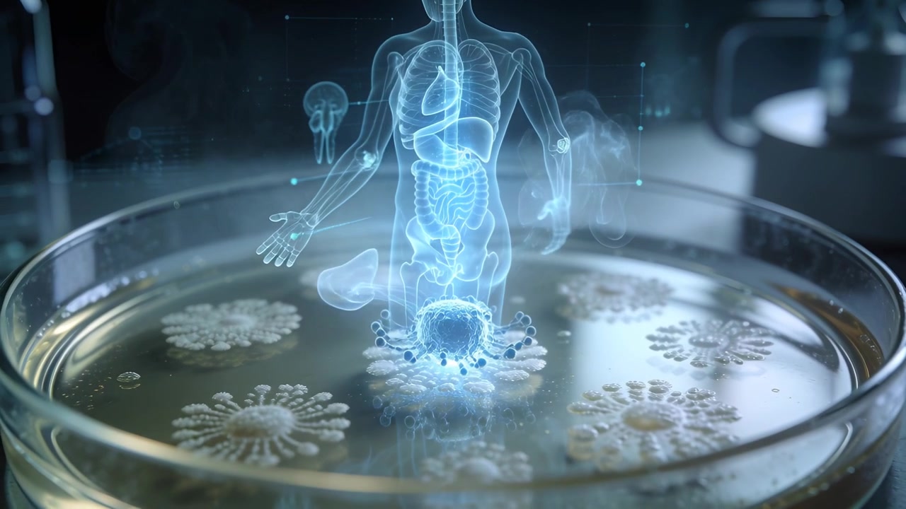 Uap mengepul, memicu hologram anatomi yang sejajar dengan cawan petri di meja laboratorium, mengaktifkan koloni.