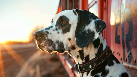 a dalmatian dog sitting in front of a train car