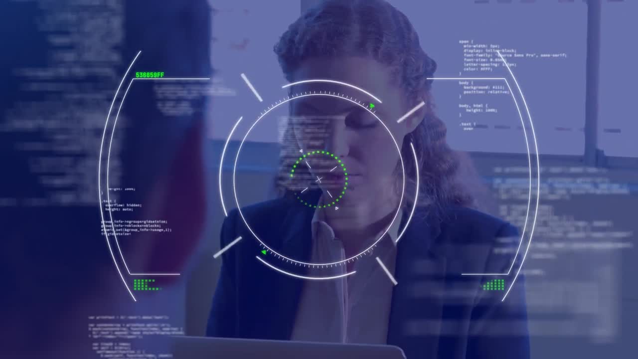 animación del procesamiento de datos financieros sobre una mujer de negocios caucásica