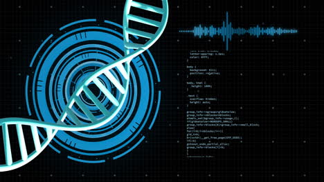 animation of dna strand spinning with data processing over black background