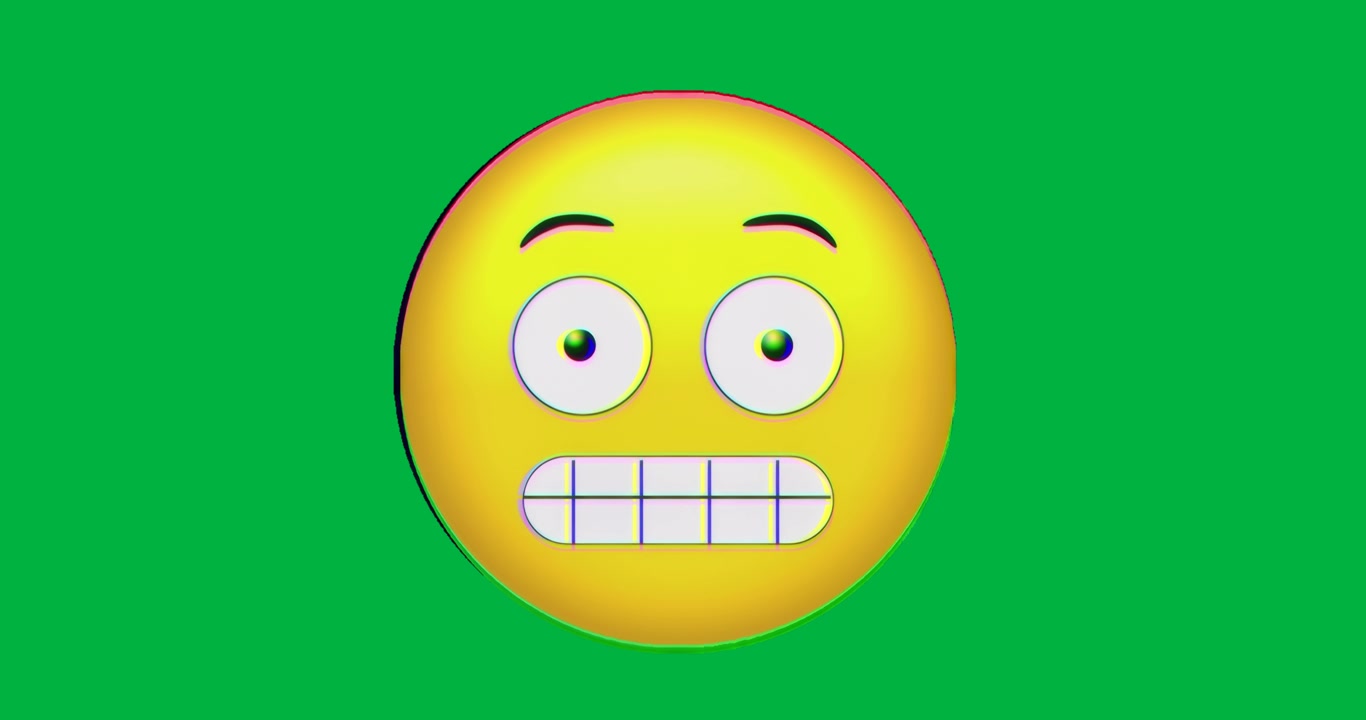 3D glitch emoji face rotating on transparent background with RGB outline for technology design
