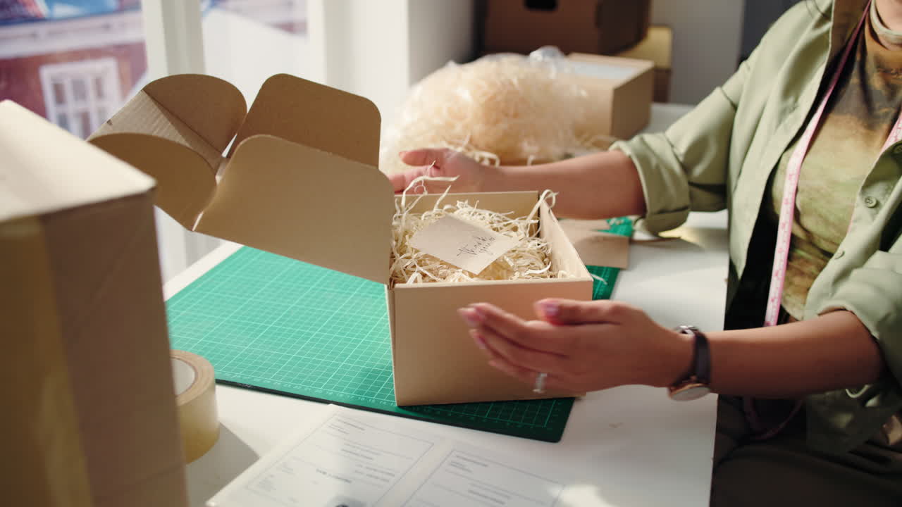 Hands Packing a Small Cardboard Box with a Thank You Note