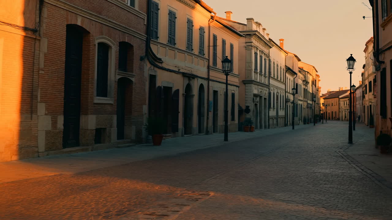 Via acciottolata vuota nel centro storico durante l'ora d'oro