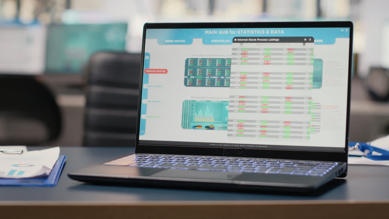 Vertical Video Modern business desk in empty office showcases workspace prepared for analytics