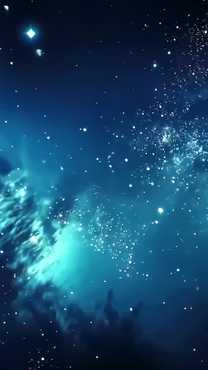Vertical video: Camera zooming in on cyan nebula, drifting dust forming white star cluster in space