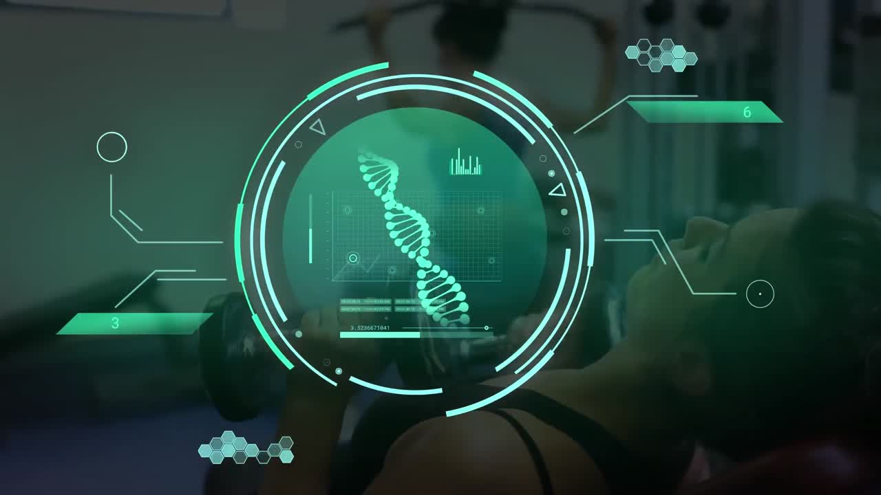 animación del procesamiento de datos sobre una mujer caucásica haciendo ejercicio en el gimnasio