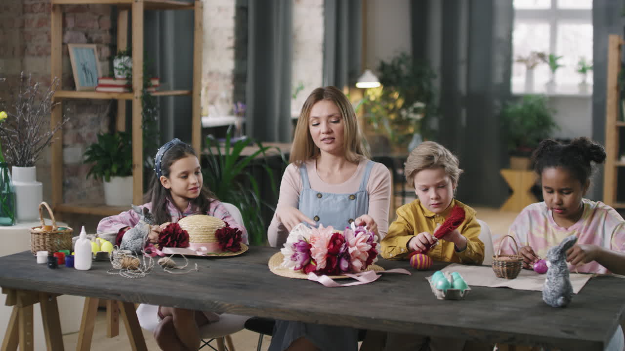 Woman and Children Making Easter Decorations