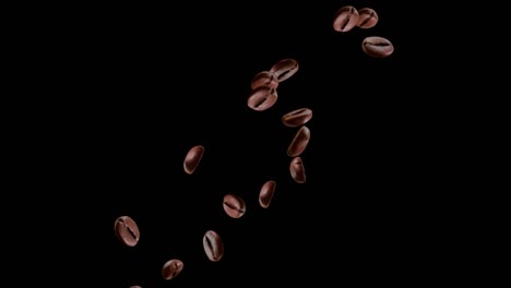 4k loop flying coffee beans in air isolated on black backdrop slow motion.