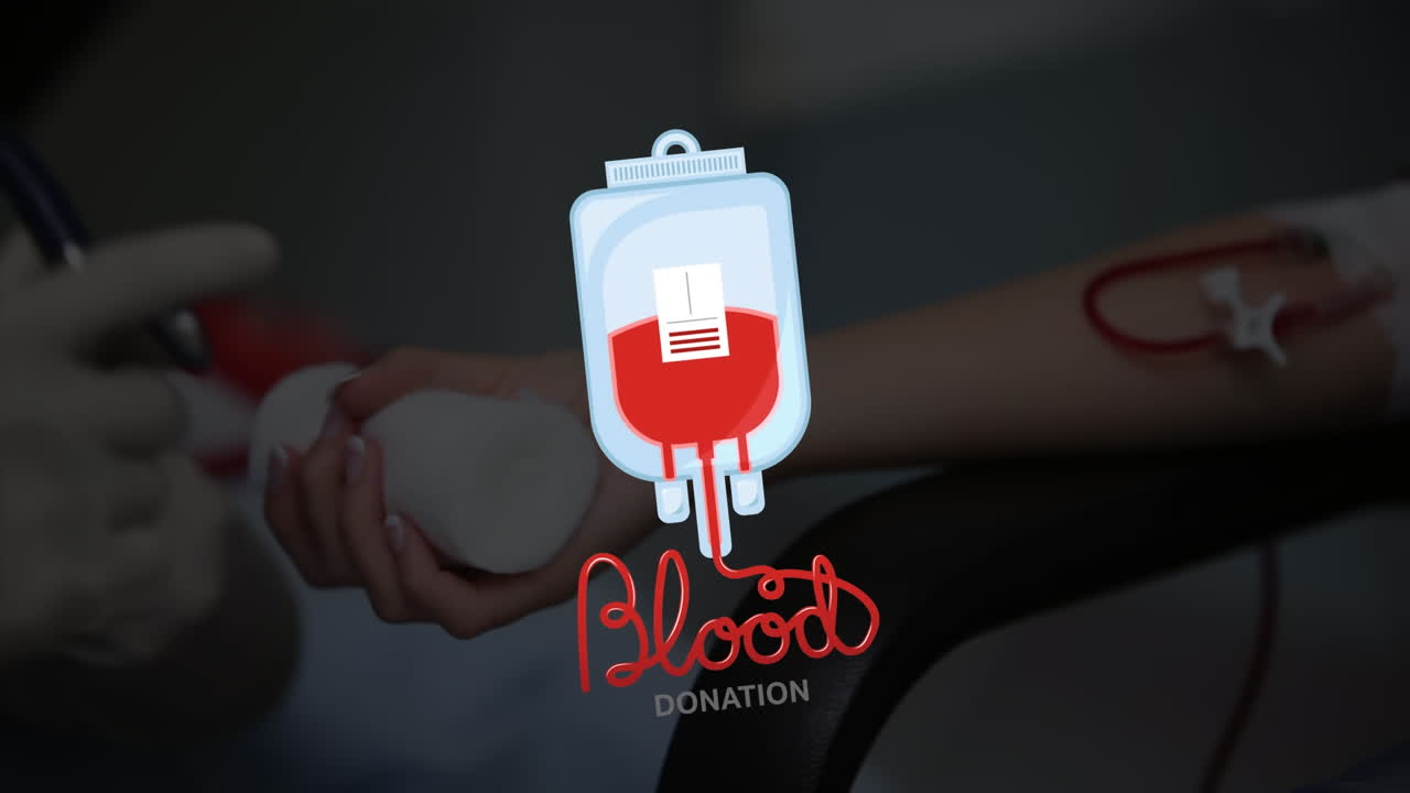 Animation of blood bag and blood donation text over caucasian female doctor with patient