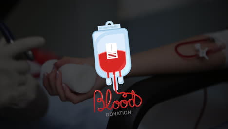 animation of blood bag and blood donation text over caucasian female doctor with patient