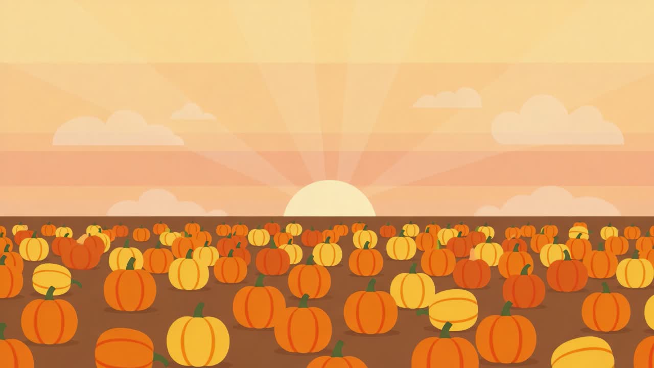 A Serene Sunset Over a Lush Pumpkin Patch Filled with Vibrant Orange Pumpkins, Capturing the Essence of Autumn Harvest Season in a Tranquil Landscape