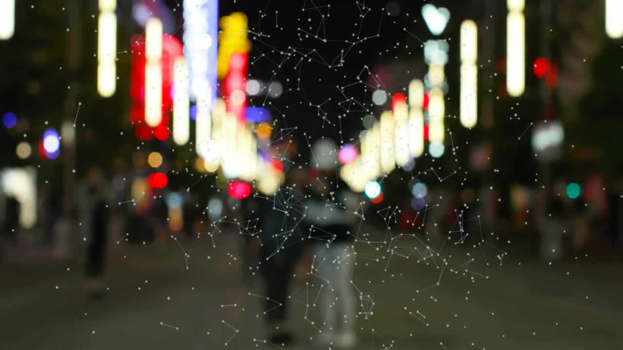 neon signs glowing along street at night, digital network overlay connecting blurred silhouettes