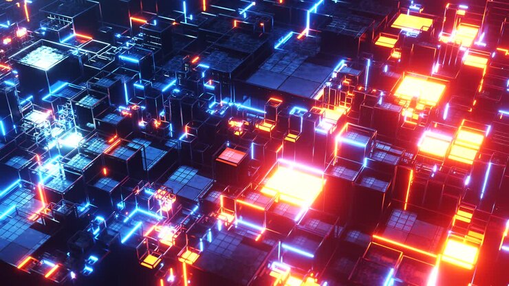 Città pixel in uno spazio illuminato. Animazione in loop infinito.