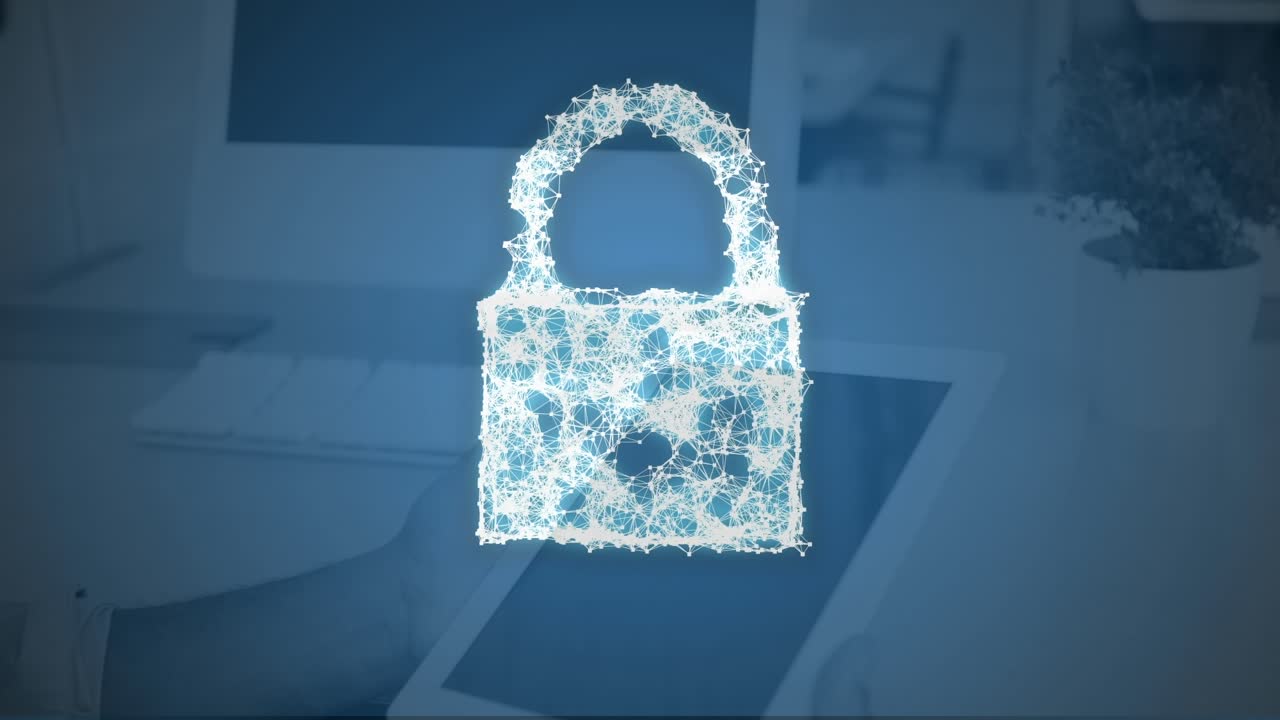 Animation of digital padlock over computers in office