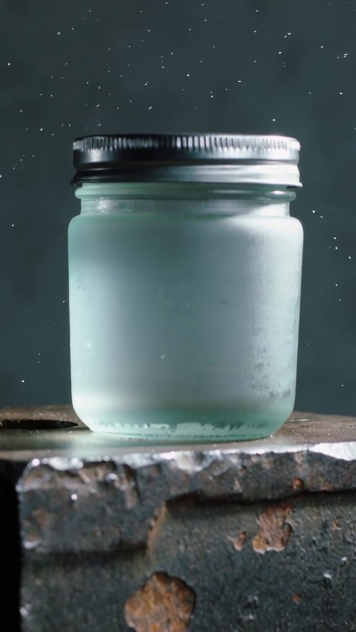 Vertical video: Play starting, camera moving in on frosted jar, revealing lid ridges and dust