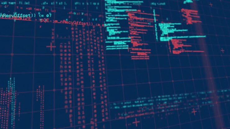 Animation of data processing over grid on blue background