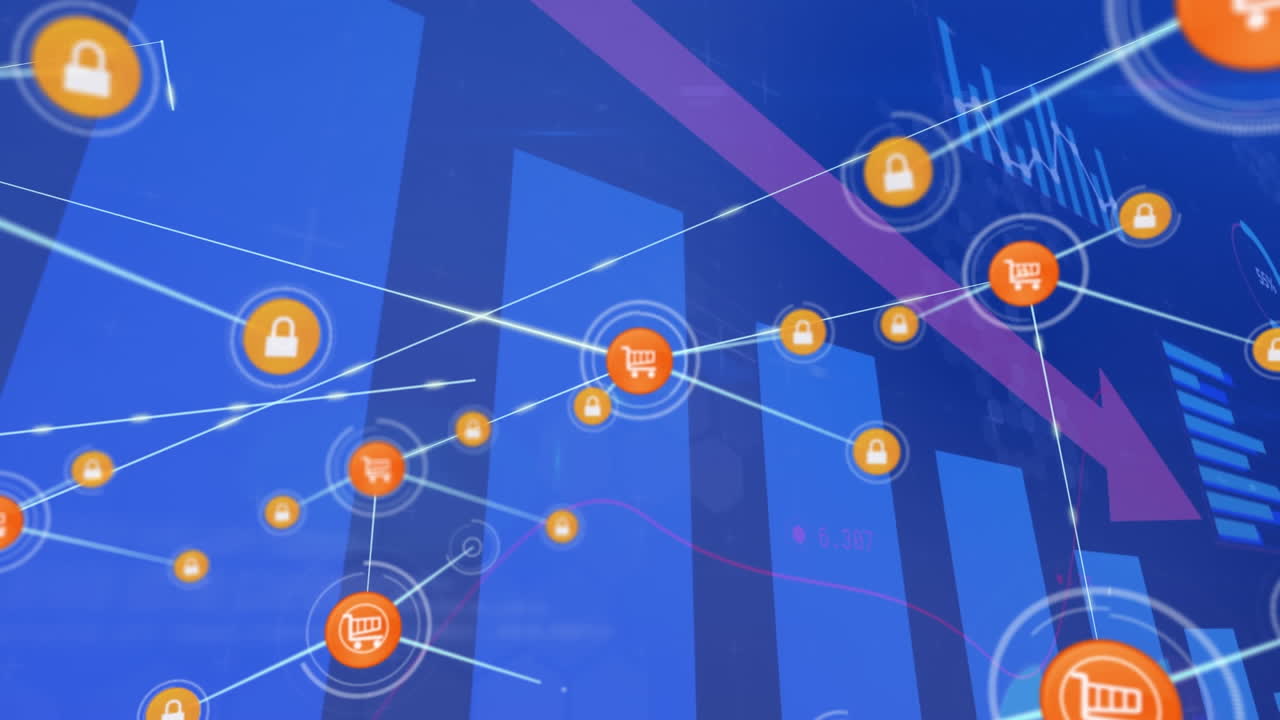 animación de la red de iconos digitales y procesamiento de datos estadísticos contra un fondo azul