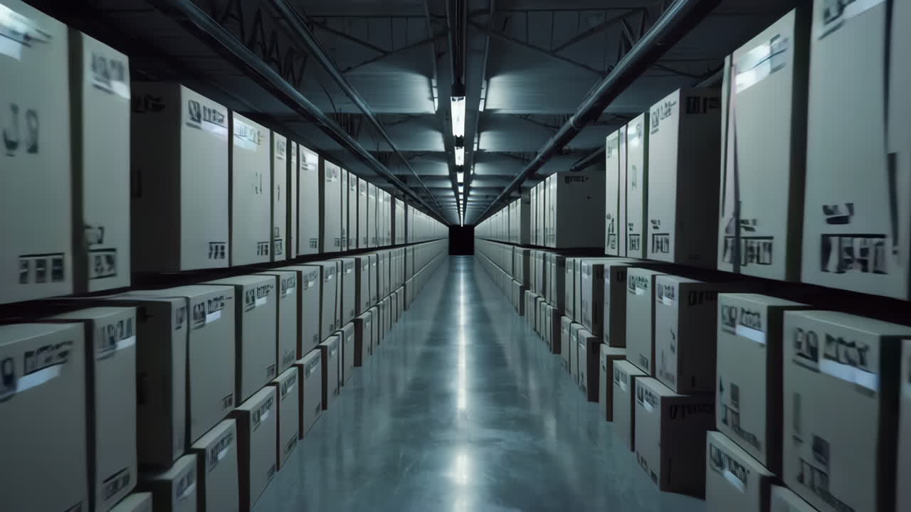 Empty Warehouse Corridor with Cardboard Boxes