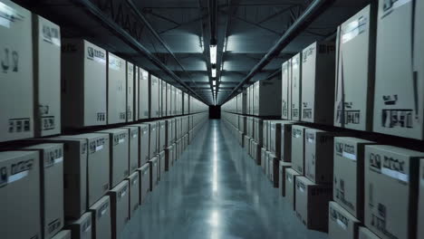 empty warehouse corridor with cardboard boxes