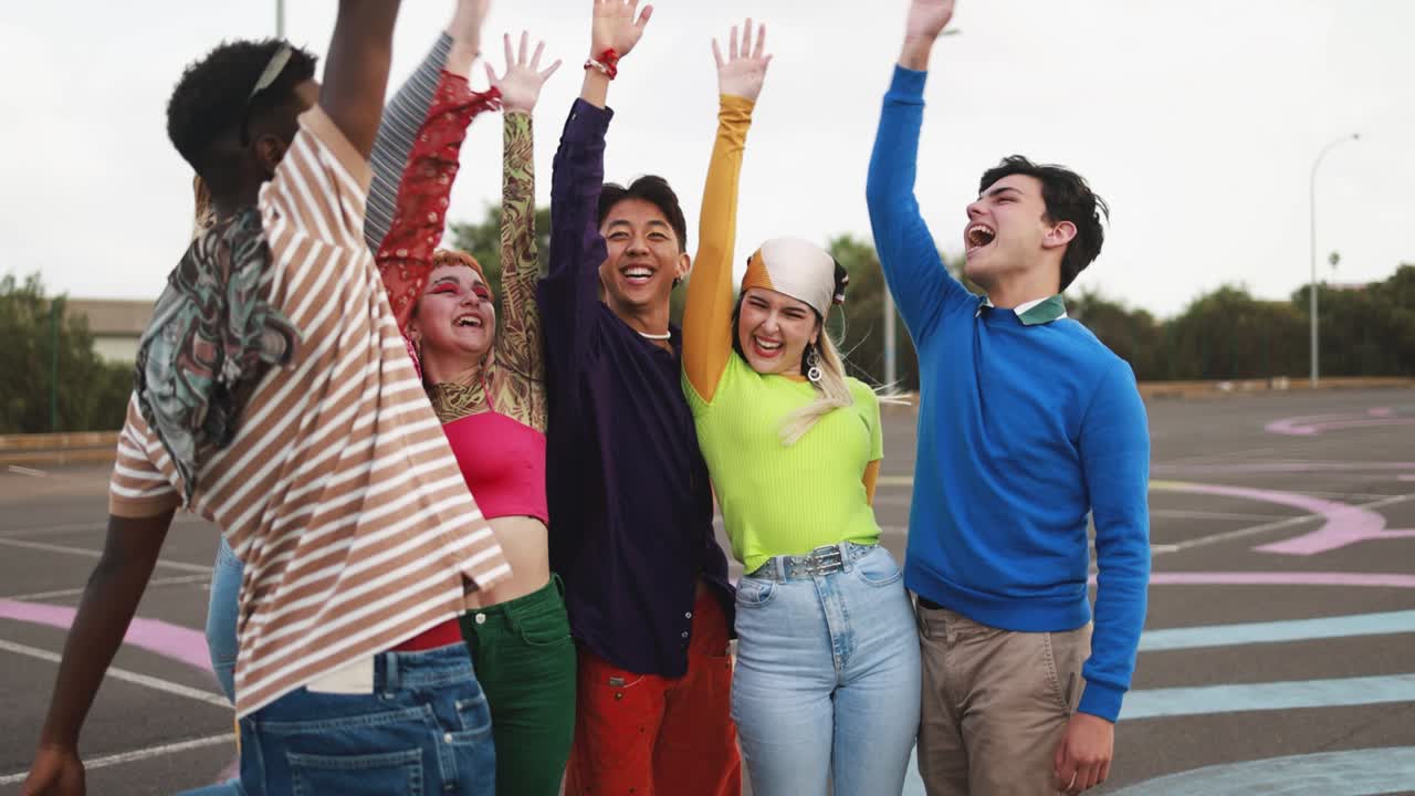 jóvenes diversos celebrando juntos apilando las manos al aire libre