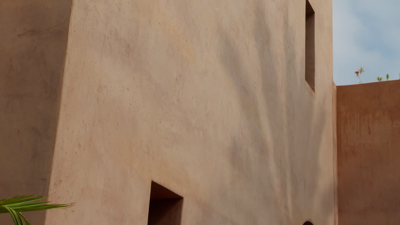 Close-up shot of geometric building facade with palm tree shadow cast by bright sun in Marrakech, Morocco, highlighting contrast and texture
