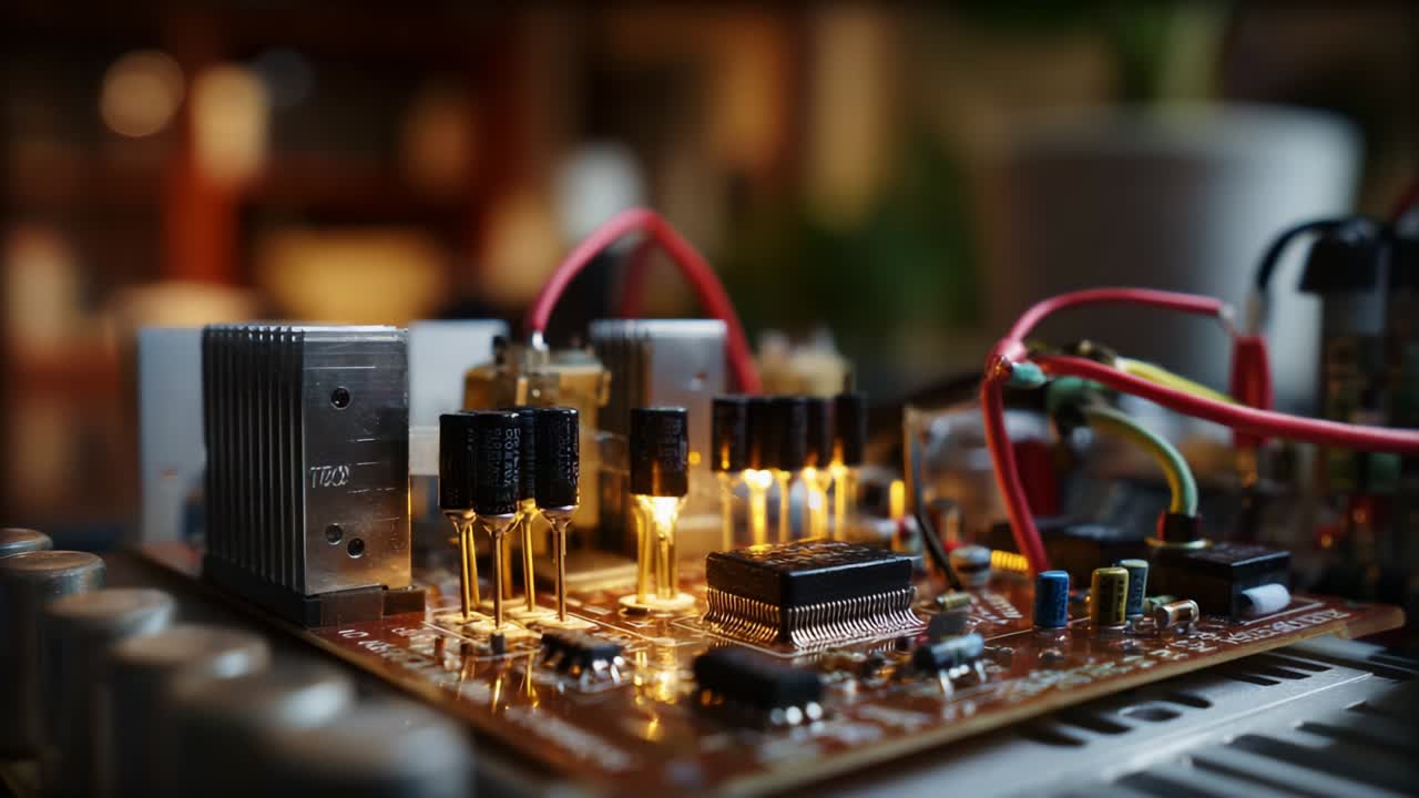 A Close-Up Exploration of Intricate Circuitry on a Printed Circuit Board Featuring Transistors, Integrated Circuits, and Vibrant Connections Capturing the Essence of Electronic Components and Their Functionality