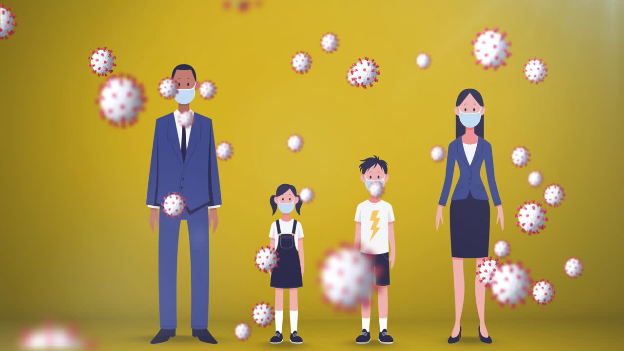 코로나바이러스 세포가 마스크를 착용한 가족에게 퍼지고 있습니다.