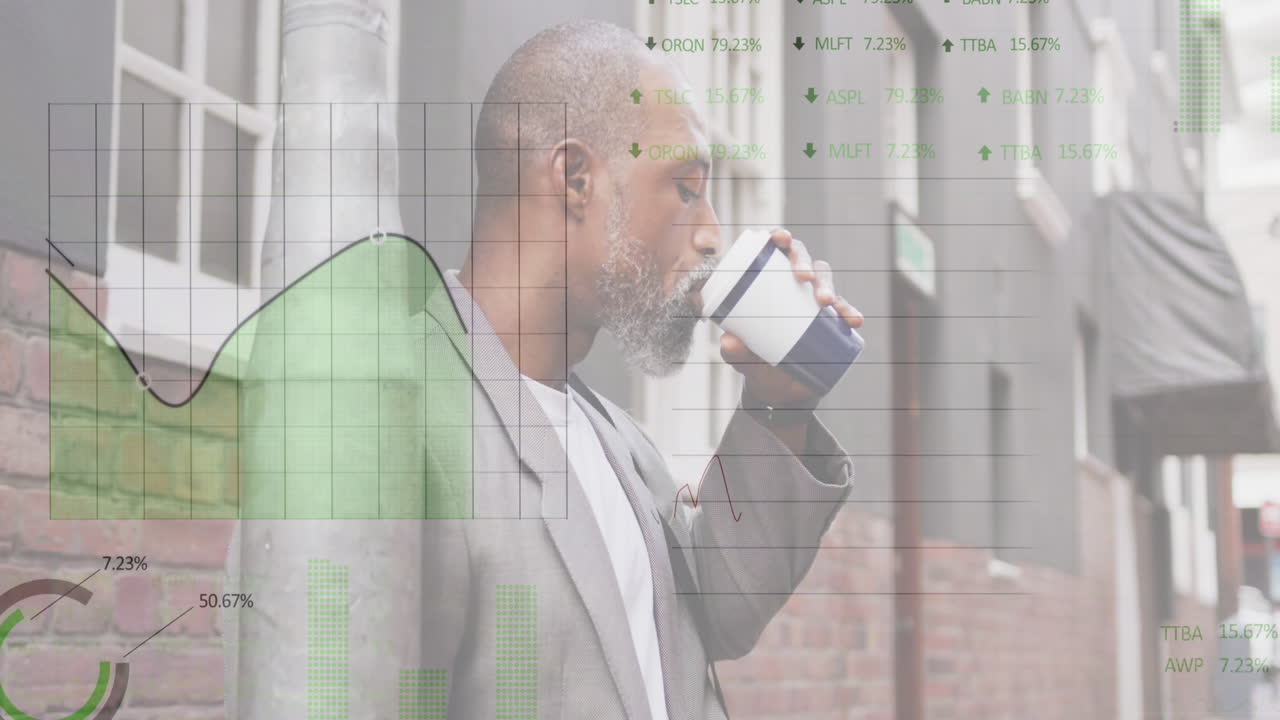 Animação de processamento de dados do mercado de ações sobre um homem afro-americano bebendo café na rua.