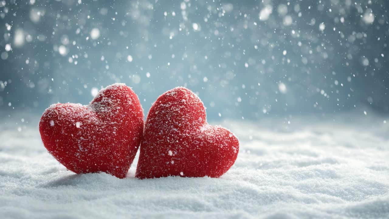 Two Beautiful Red Hearts Lovingly Positioned in a Serene Winter Wonderland, Covered in Snowflakes, Evoking Feelings of Affection and Warmth Amidst a Chill Environment