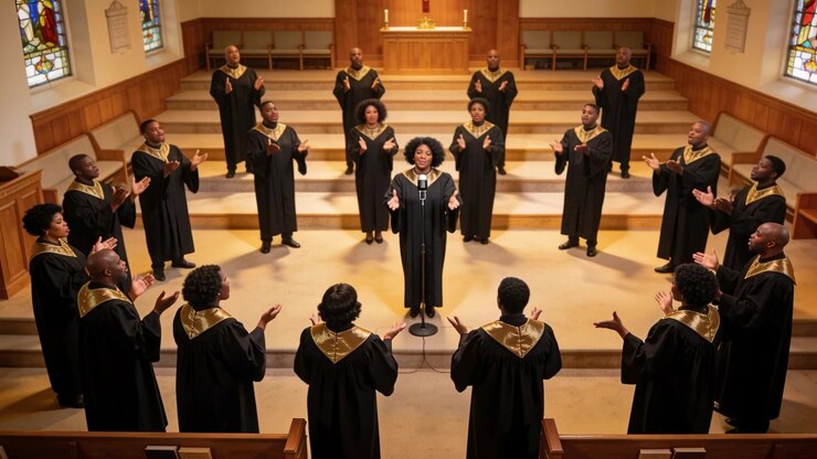 Soloist leading song, raising hands, singing into mic in church, choir with gold collars clapping