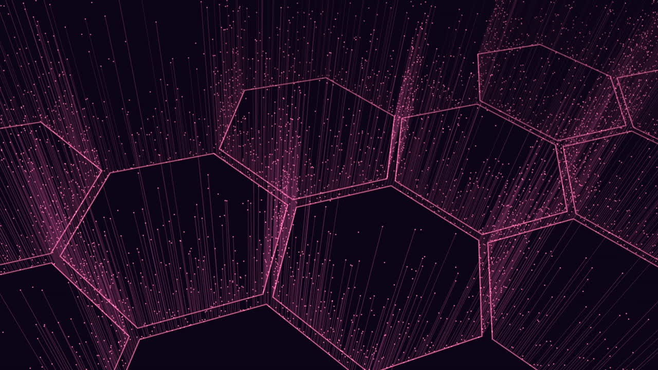 A dynamic 3D representation of a pink, hexagonal grid with intersecting lines forming a futuristic and intricate design, presenting a modern and high-tech aesthetic