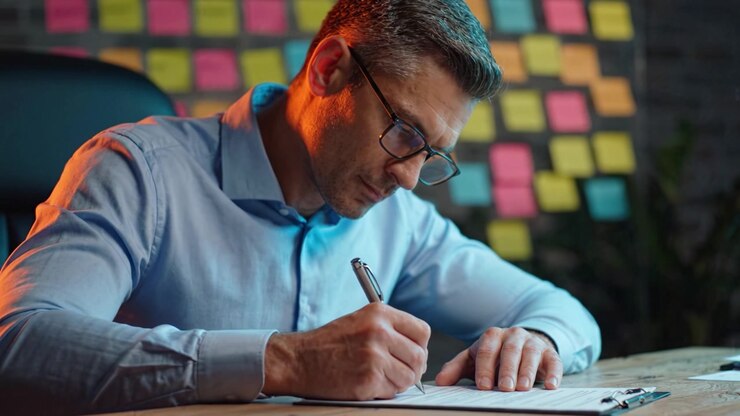 Focused Individual Working Intently at Desk Surrounded by Colorful Sticky Notes, Engaged in Writing or Planning Tasks with Attention to Detail