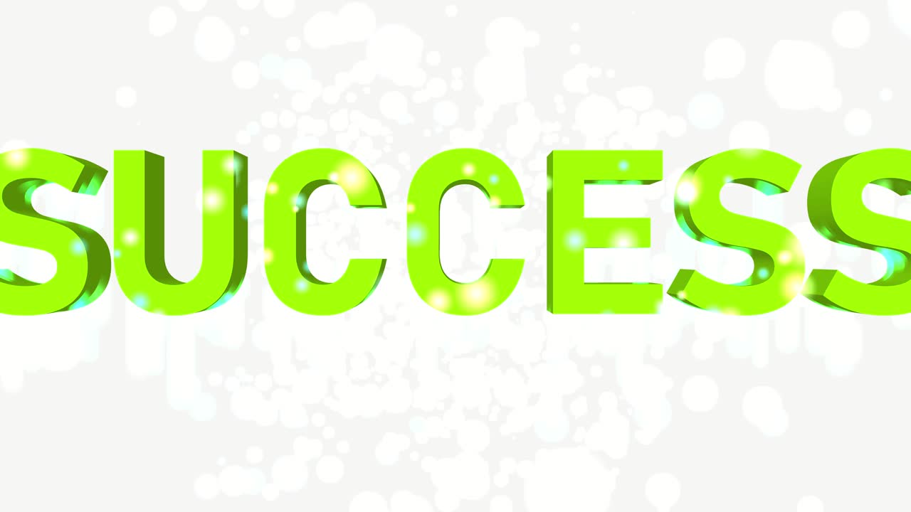 Green success text glowing with particles on bright background creating motivational animation designed for business visuals, presentations, motion graphics and video editing overlays