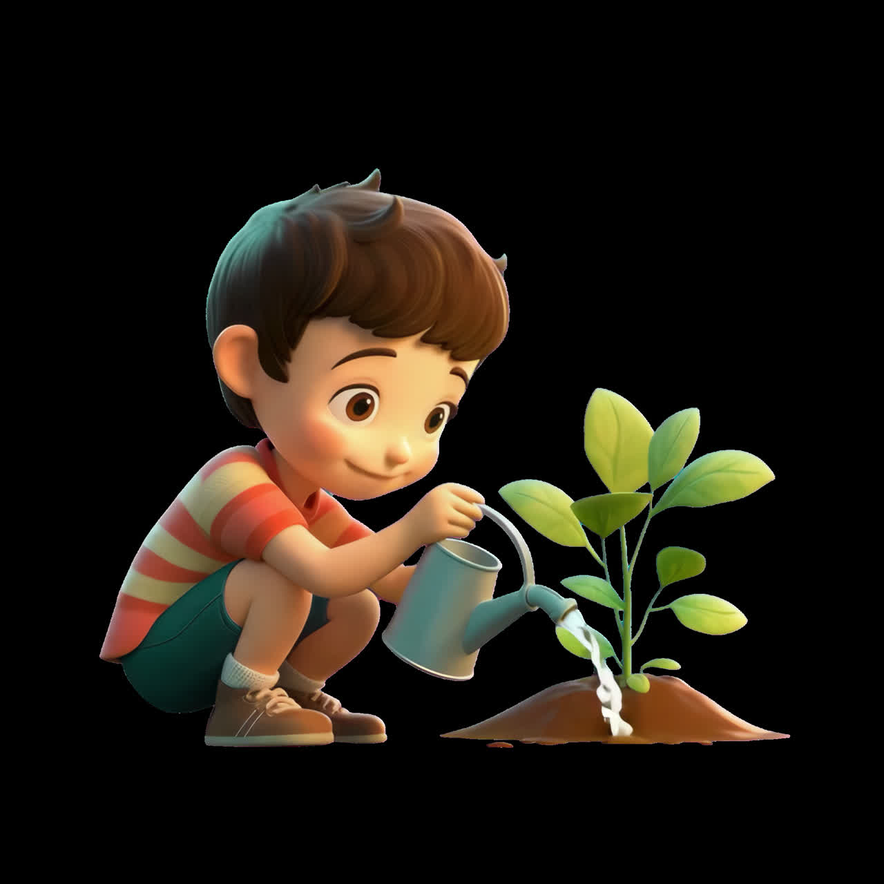 Child nurturing plant growth animation isolated asset, transparent 4K video, alpha channel, ProRes